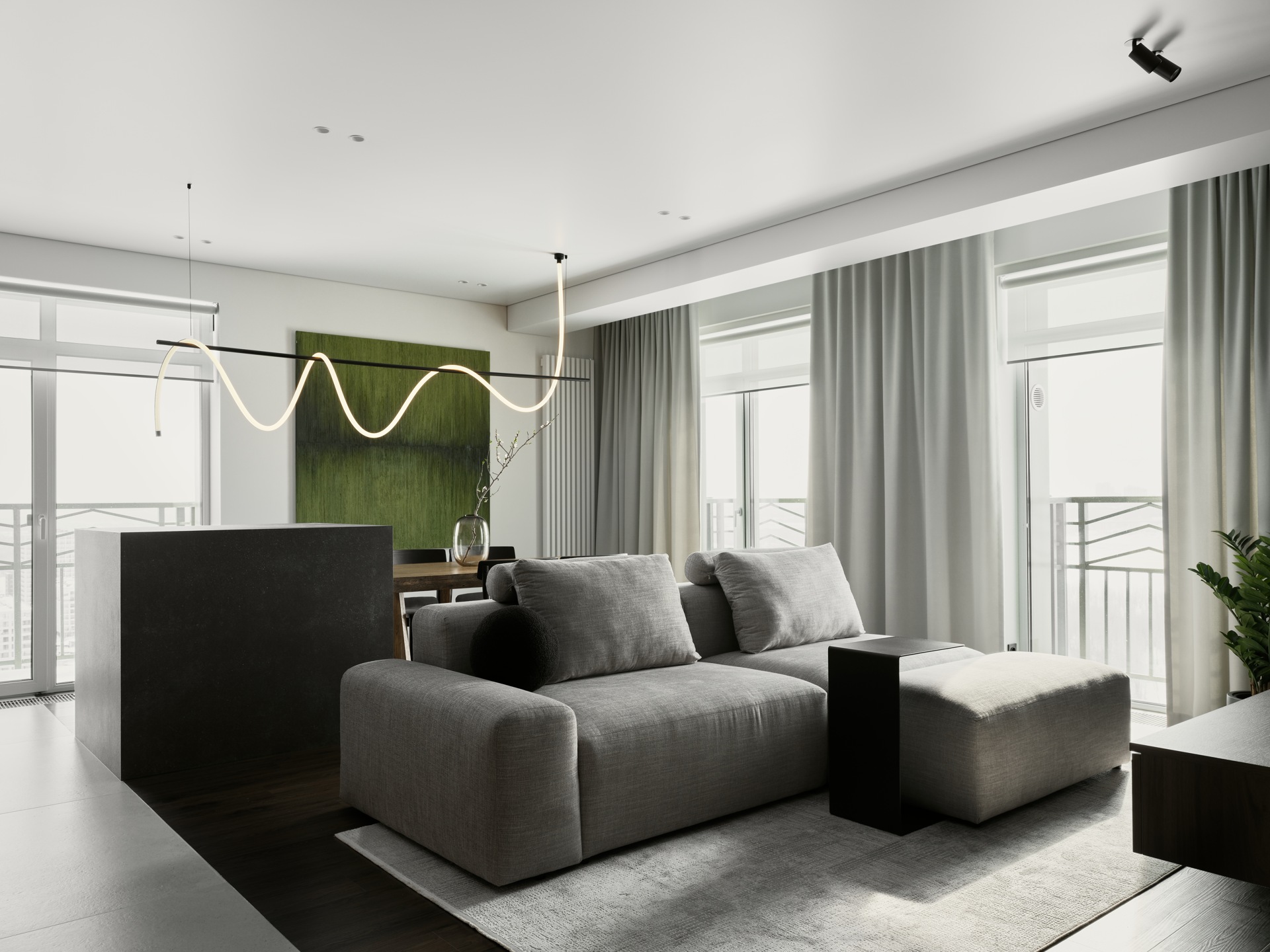 Минималистичная гостиная с серым диваном, зеленой картиной, подвесным светильником и темным кварцевым ламинатом
